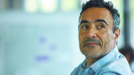 Fototapeta premium Man with graying hair looking to the side wearing a light blue shirt with a thoughtful expression.