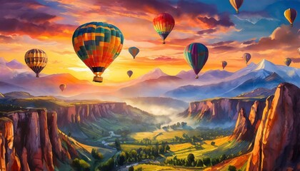 Obraz premium Hot air balloons flying over spectacular landscapes at sunrise, abstract art design 