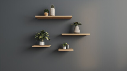 midcentury modern wall shelves with small decorative items, grey wall, modern minimalist interior wall decor - Powered by Adobe