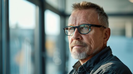 Obraz premium A man with gray hair and a beard wearing glasses looking contem plative with a window in the background.