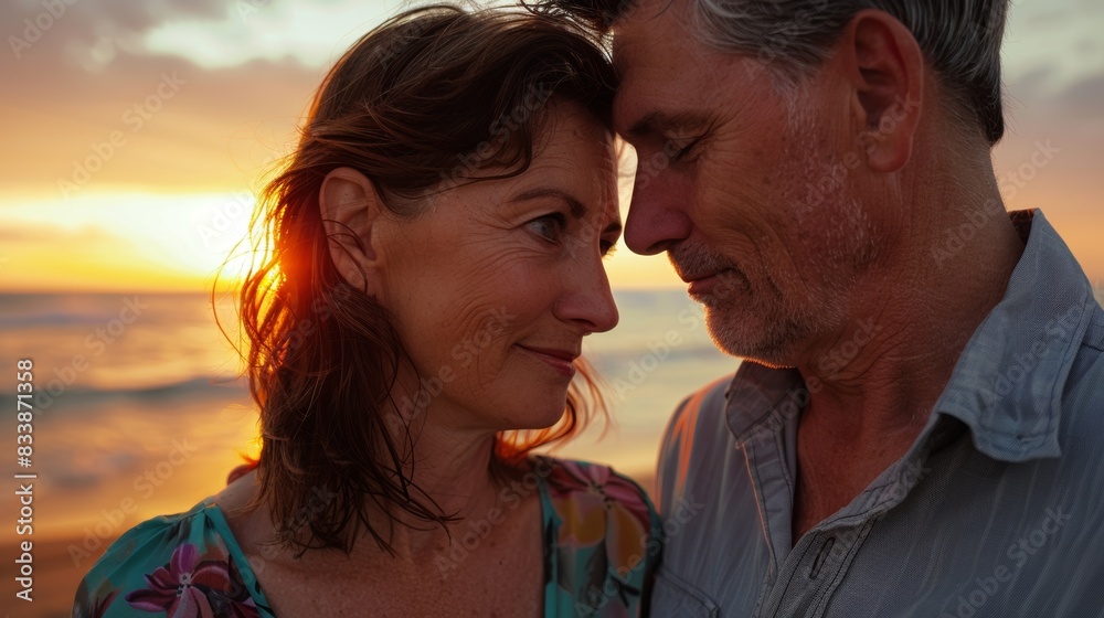 Wall mural A couple sharing a tender moment at sunset on a beach.