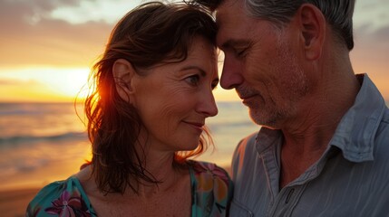 A couple sharing a tender moment at sunset on a beach.