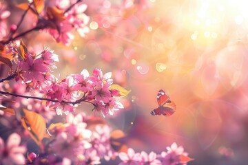 Spring background with pink blossom and fly butterfly. Beautiful nature scene with blooming tree and sun flare --ar 3:2 Job ID: de449f77-5045-483e-8a44-6ecbe311059f