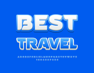 Vector creative advertisement Best Travel. Bright Blue and White Font. Stylish Alphabet Letters and Numbers set.