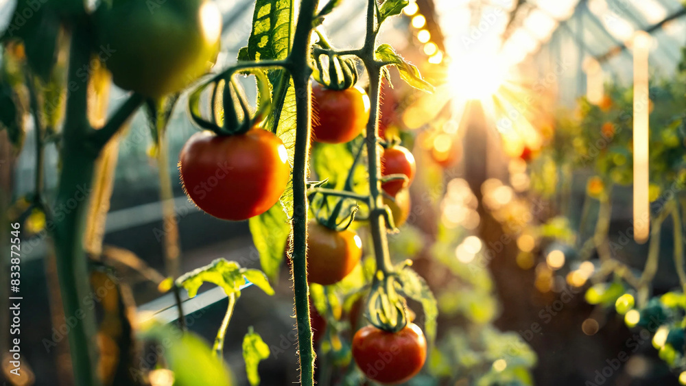 Wall mural Full length view of tomatoes growing in greenhouse with yellow lens flare in background with copyspace, 16:9, 300dpi