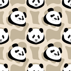 Cute pandas on a light gray background. Seamless animal pattern, print, vector illustration