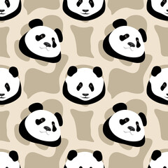 Obraz premium Cute pandas on a light gray background. Seamless animal pattern, print, vector illustration
