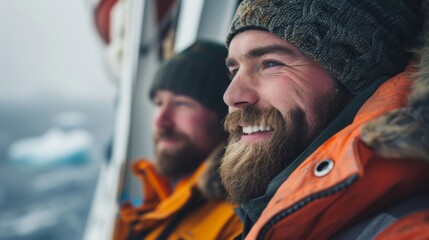 Two bearded men smiling wearing winter gear and hats sitting on a boat looking out at the sea.
