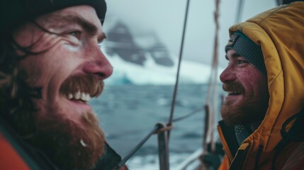 Obraz premium Two bearded men laughing together on a boat with a backdrop of snow-capped mountains and a cloudy sky.