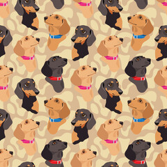 Dachshund dogs are dark and light on a brown background. Seamless animal pattern, print, vector illustration