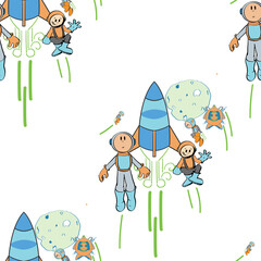 Rockets ship and Astronauts on a Trip to the Moon.  Seamless repeat pattern perfect for wallpaper, fabric and scrapbooking projects.