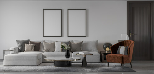 mock up poster frame in interior background, living room. 3D render, 3D illustration