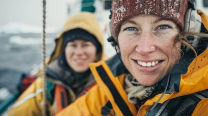 Two women in winter gear smiling with one wearing a beanie and the other a hood on a boat in a snowy environment.