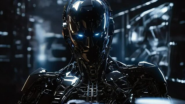 A Black Metallic AI Robot With Evil looking Glowing Blue Eyes inside A Dark Futuristic Room, 4K