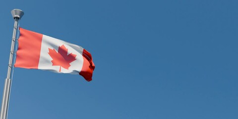 Canadian flag waving in the wind against clear blue sky background. Canada Day holiday concept. 3D animation with copy space