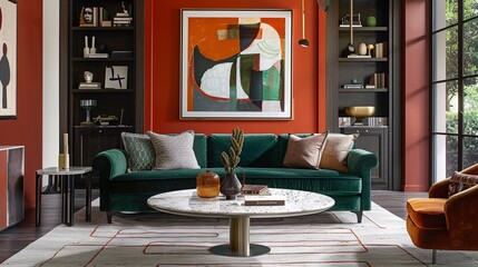 An eclectic living room with a mix of textures and patterns, combining elements such as a bright orange accent wall, a sleek marble coffee table, and a cozy velvet sofa in deep emerald green. The