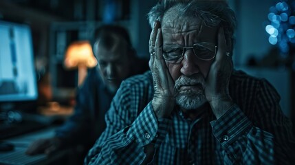 Fototapeta premium Middleaged people in hyperquality the office, hands over their faces, in a state of collapse, backlight photography, perspective drawing, 2K, hyper quality
