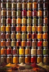 vibrant exotic spice blends colorful jars cooking seasoning dishes, aromatic, fragrant, zesty, scrumptious, succulent, scented, tasty, delicious, flavorful