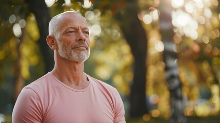 An elderly man with a gray beard and hair wearing a pink t-shirt stands in a park with blurred trees and sunlight in the background looking contemplative.