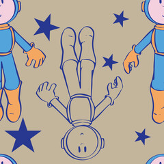 Friendly Astronauts and Stars in a Lively seamless repeating pattern background. Perfect for wallpaper, fabric and scrapbooking projects.