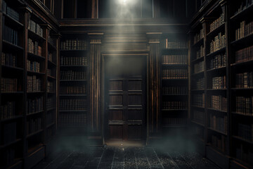 Obraz premium Mystical Old Library with Wooden Door and Rays of Light