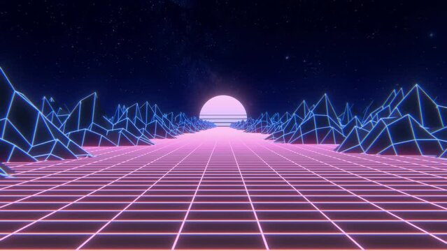 Trendy retro background loop animation. Retrowave, synthwave, vaporwave, 80s and 90s aesthetics. Retro wave style 3D Animation with seamless loop. Videogame landscape, neon wireframe