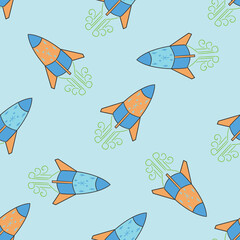 Rocket ships Blast off in a seamless repeat pattern. background. Perfect for fabric, wallpaper and scrapbooking projects