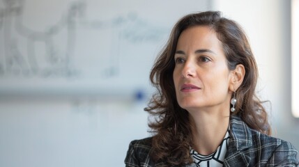 A woman with brown hair wearing a plaid jacket looking contemplative with a slight smile in frontof a whiteboard with writing.