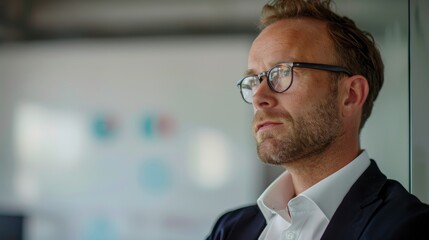 Fototapeta premium A man with a beard and glasses wearing a suit looking contemplative.