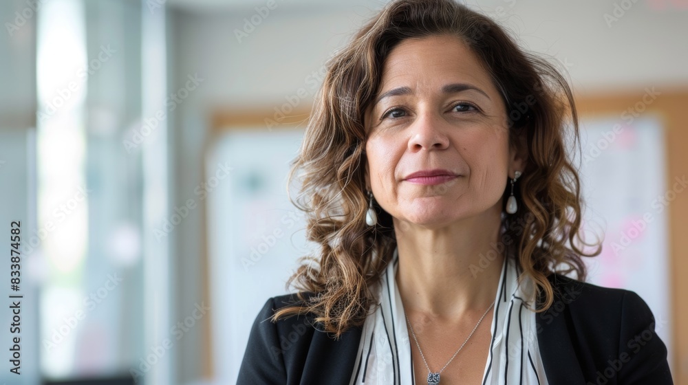 Poster a professional woman with curly hair wearing a black blazer and a white shirt with a striped collar 