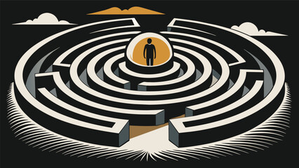 The contrast of dark and light in a charcoal drawing of an intricate labyrinth symbolizes the challenges and breakthroughs that one must face in order. Vector illustration