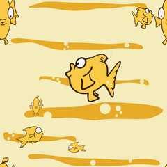Happy Yellow Fish swim in peaceful seamless repeated background. Perfect for wallpaper, fabric and scrapbooking projects.