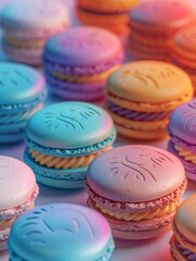 Fototapeta premium Colorful macarons in various pastel shades arranged closely together.