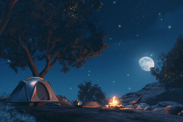 Serene Nighttime Camping Under a Starry Sky with Full Moon, Tent, and Campfire in Nature
