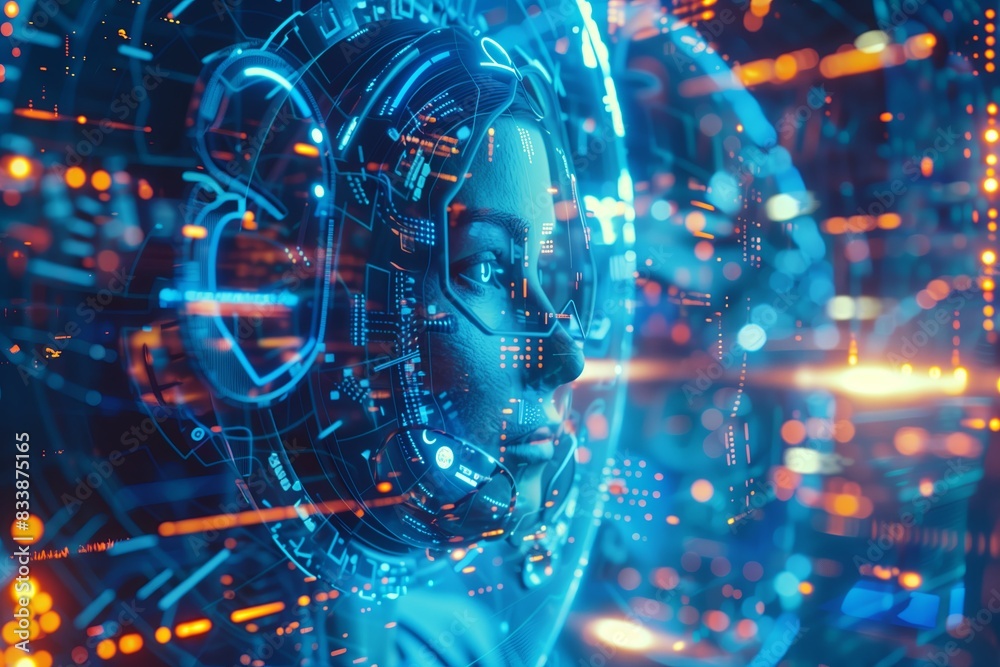 Poster Futuristic technology with cyber concept, digital AI in business. Future science artificial blue intelligence background. Innovation robot mind, brain learning circuit.