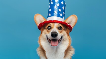 Corgi dog wearing a patriotic hat celebrating 4th with stars hat, blue white and red