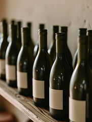 Multiple wine bottles arranged on a wooden shelf.