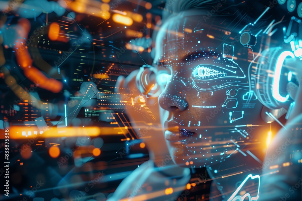 Poster Digital AI technology in cyber business. Futuristic artificial intelligence mind, robot future head computing science concept. Virtual brain learning circuit, information