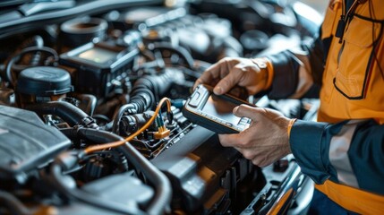 Mechanic Performing Engine Check with Advanced Device