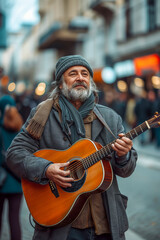 Street Musician Playing Acoustic Guitar in Urban Setting with Happy Expression