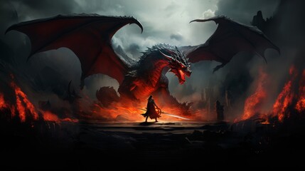 A knight in shining armor confronts a dragon in a fiery lair.