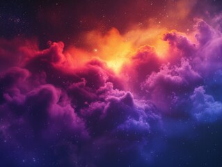 Fototapeta premium A colorful nebula with shades of purple, pink, and orange, resembling soft, fluffy clouds in space. Stars twinkle amidst the vibrant, glowing gas and dust, creating a serene and ethereal scene.