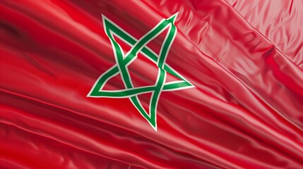 Wavy Moroccan National Flag with Green Star and Detailed Red Fabric Texture