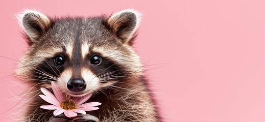 Adorable Raccoon Holding Pink Daisy on a Pink Background   Cute Wildlife