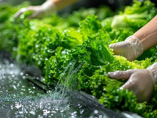 Hands in gloves washing fresh lettuce on a conveyor belt in a food processing plant.