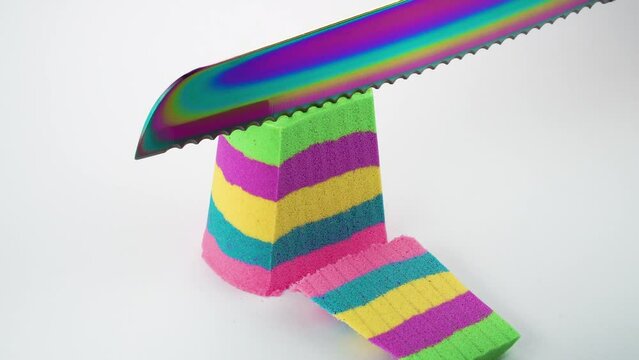 Very Satisfying and Relaxing Kinetic Sand ASMR video. Cutting anti stress macro close up colorful Kinetic Sand with a Knife. ASMR sounds.