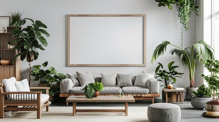 Interior living room design with modern furniture wall frame. Home white sofa, floor style decorative background. House poster blank empty apartment comfortable couch space