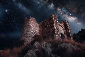 Ancient Stone Fortress Under Starry Milky Way Night Sky - Powered by Adobe