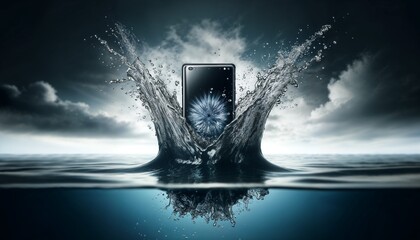 Smartphone Submerged In Water With Splashing Waves Under Cloudy Sky