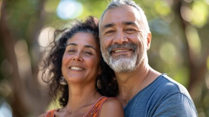 Fototapeta premium A joyful couple embracing each other in a park sharing a warm smile.